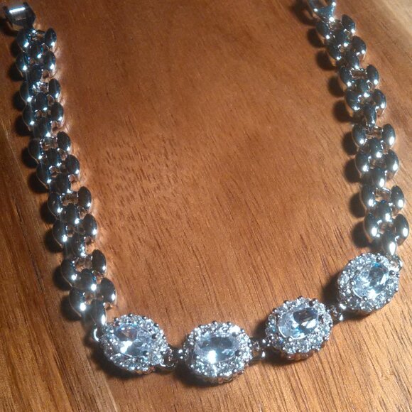 Simulated Blue and White Diamond Silvertone Brass Bracelet - Picture 2 of 15